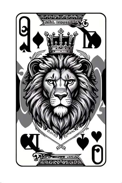 "Nihil est Impossibile" Playing card with crowned lion head in center.  Uppercase G and cross in top left and bottom right corners. tattoo design idea