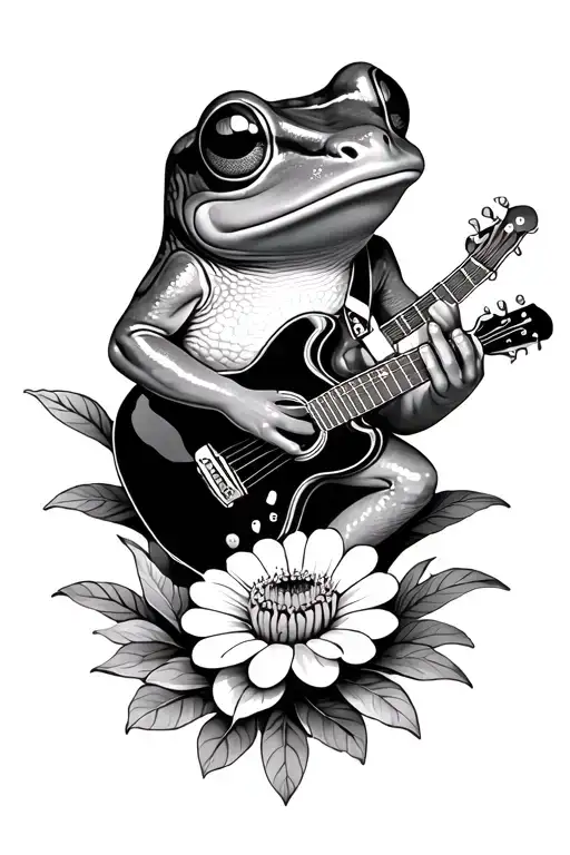 coqui frog playing guitar while laying on a flower tattoo design idea