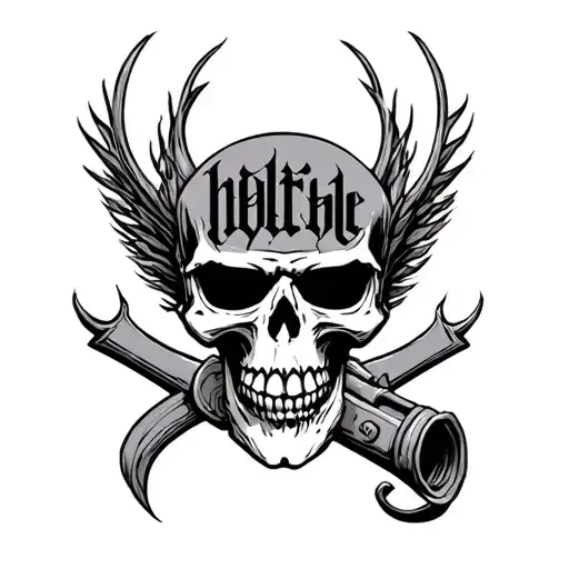 skull hell angels style with gotic lettering tattoo design idea