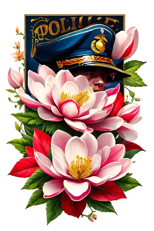 Marine Corps, Police, Magnolia flowers tattoo design idea