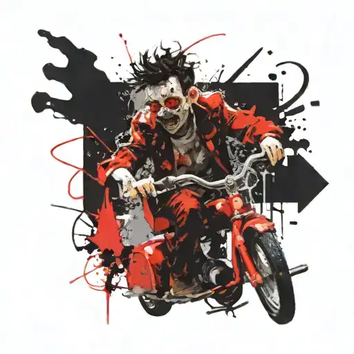 Billy riding red tricycle from the movie saw "want to play a game", puzzle pieces, character from scream with his knife tattoo design idea
