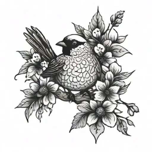 Chubby bird flowers branch tattoo design idea