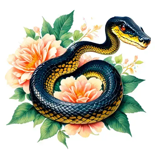Snake with flowers intertwined tattoo design idea