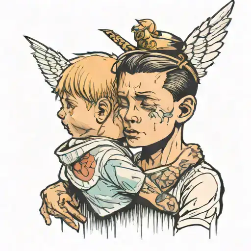 a boy crying at an executioner about to execute an angel tattoo design idea