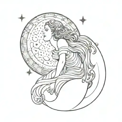 Aphrodite on a shell but more cosmic/space theme with a crescent moon tattoo female tattoo design idea