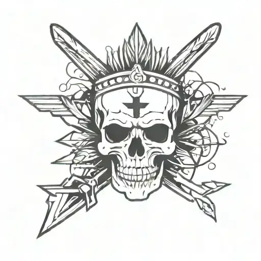 Skull with cross arrows and a dagger through it on the top. with a headdress tattoo design idea