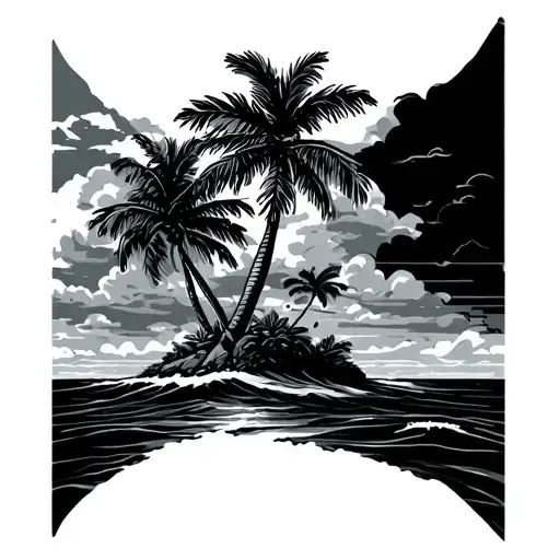 island with palm tree and says made in the Bahamas arm sleeve tatto with clouds shaded in tattoo design idea