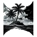 island with palm tree and says made in the Bahamas arm sleeve tatto with clouds shaded in tattoo design idea