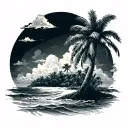 island with palm tree and says made in the Bahamas arm sleeve tatto with clouds shaded in tattoo design idea