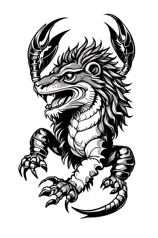 make me a back tattoo design with a half lion half frog with its front left paw a lobster claw and add Muay Thai and a ☮ tattoo design idea