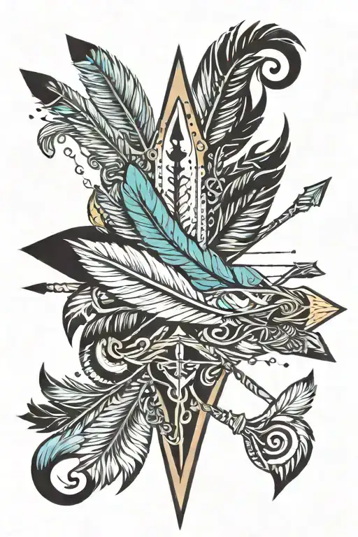 arrow surrounded by feathers tattoo design idea