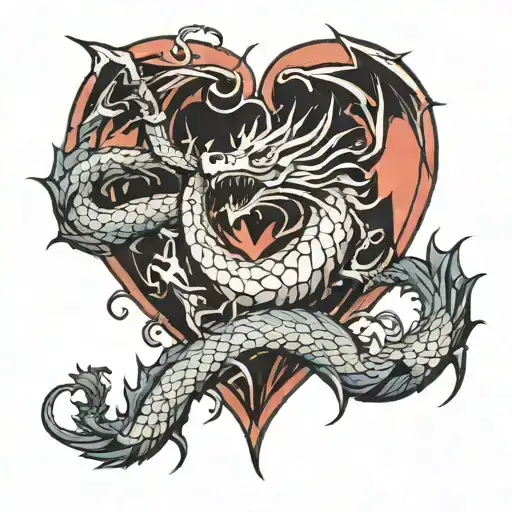 Calpin in a heart shape with dragon emerging and the good and evil symbol, and a complementing background.  tattoo design idea