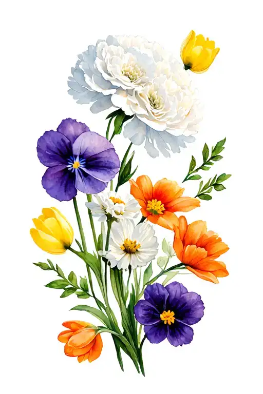 a floral mosaic of white carnations, violets, dark green sakuras, yellow tulips and orange cosmos tattoo design idea