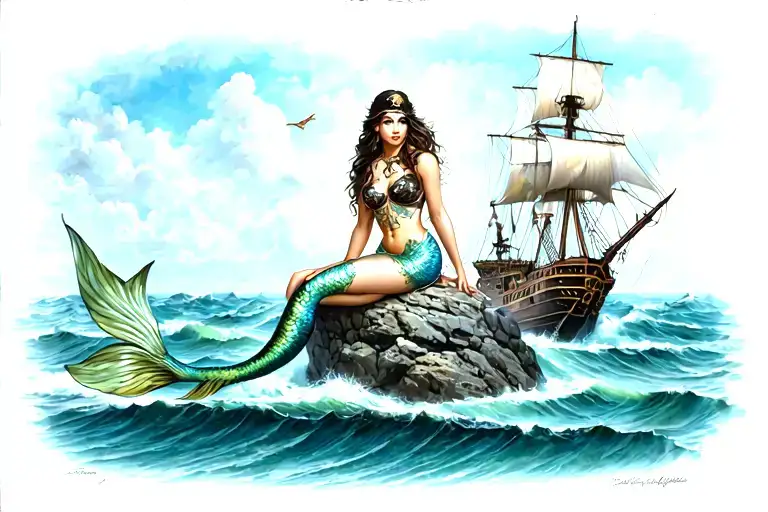 mermaid sitting on top of a rock facing a pirate ship tattoo design idea