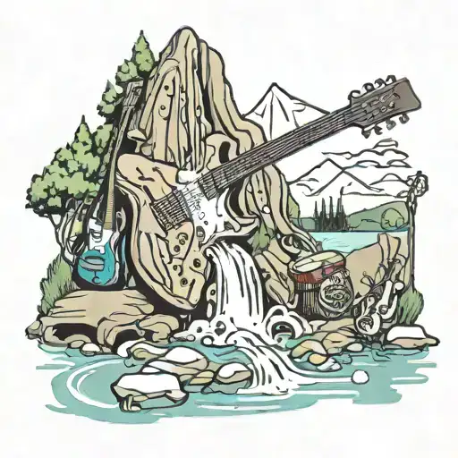 A waterfall made of musical instruments like guitars and drums, flowing into a pool with mountain reflections tattoo design idea