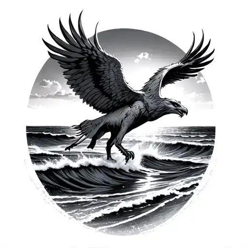 mythical griffin landing over the breaking tide during sunset on the beach tattoo design idea