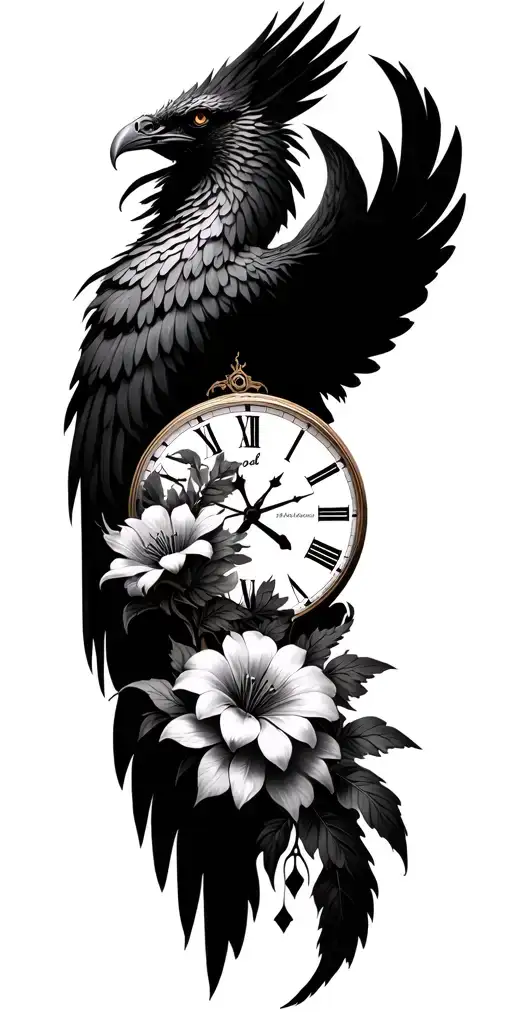 phoenix rising time clock flowers tattoo design idea