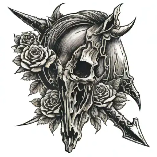 Horse Skull and Roses with large Axes Crossing eachother tattoo design idea