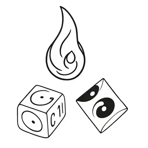 Center: simple dice with tiny yin-yang insideTop: minimal flame with text "C1" inside Right: minimal microphone with tattoo design idea