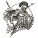 Black and white Spartan warrior bare chest standing ready for battle with shield and spear in hand  tattoo design idea