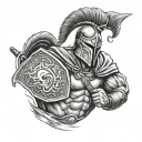 Black and white Spartan warrior bare chest standing ready for battle with shield and spear in hand  tattoo design idea