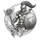 Black and white Spartan warrior bare chest standing ready for battle with shield and spear in hand  tattoo design idea
