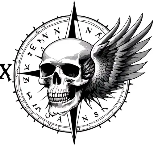 compass skull Phoenix rising from the ashes tattoo design idea