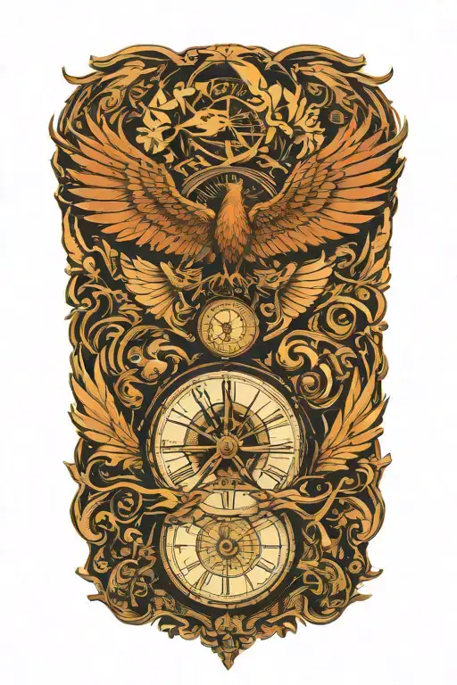 compass layered behind a clock representing the course for life over time. Overlapping is a Phoenix rising uo tattoo design idea