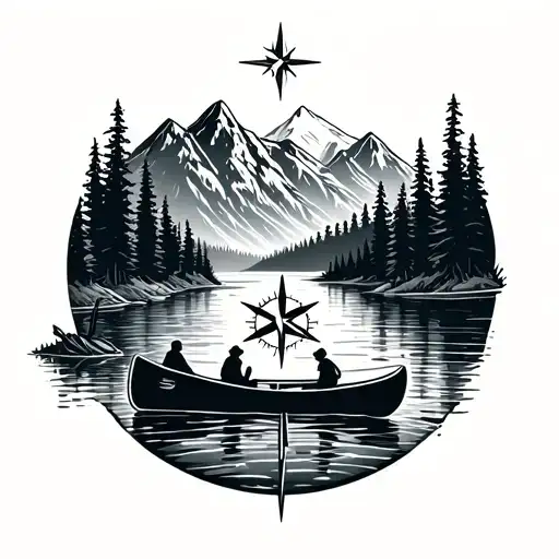 Canadian mountains with a canoe in a river two compass to resemble my kids tattoo design idea