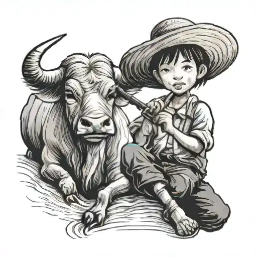 Straw hat kid farmer holding flute  sitting on water buffalo tattoo design idea
