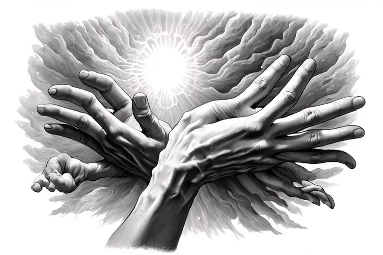 the creation of adam hands reaching, with heavenly background tattoo design idea