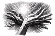 the creation of adam hands reaching, with heavenly background tattoo design idea