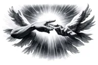 the creation of adam hands reaching, with heavenly background tattoo design idea