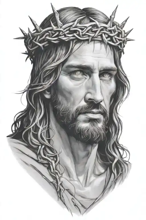 Hyper realistic, portrait of Jesus Christ.  crown of thorns, looking down, loving expression, blood drippin tattoo design idea