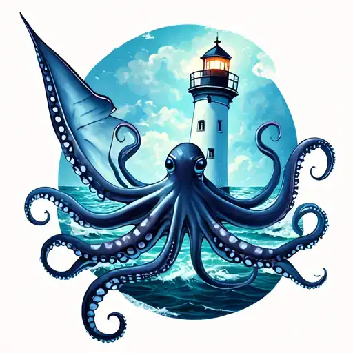 octopus ray and lighthouse that lights the sea tattoo design idea