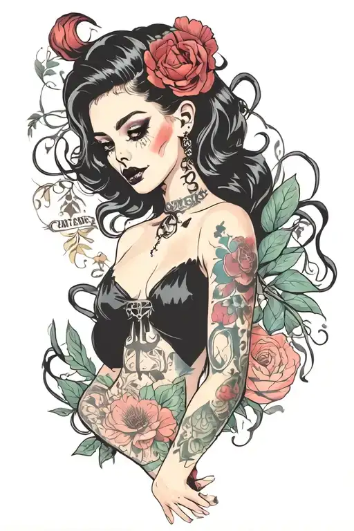 pinup girl goth death satanic black hair tattoo design idea