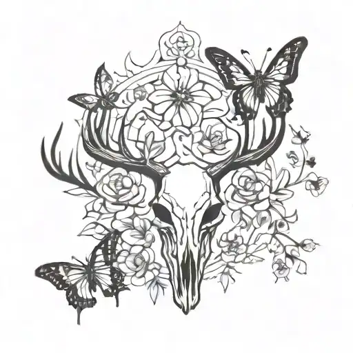 symmetrical floral gothic tribal butterflies flying around a deer skull  tattoo design idea
