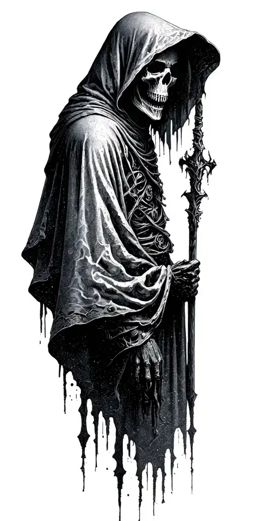 Hooded reaper Silhouette and death and shadow, majestic, terrifying, dark, goth, very grungy, evil tattoo design idea