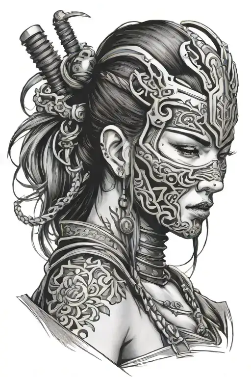 cut reality Ronin girl with a swod on her side and holding a mask with tattoos tattoo design idea