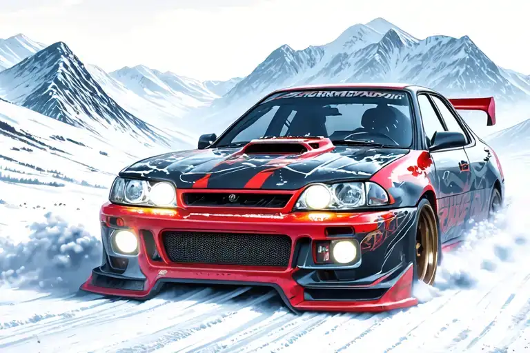 Drift initiald car with popup headlights in the snowy mountains tattoo design idea