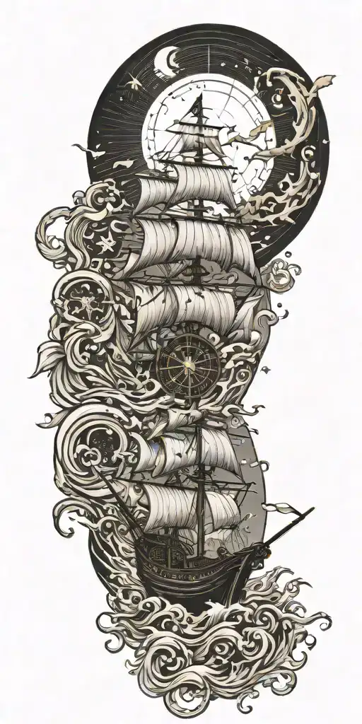 small pirate ship stormy seas compass rose falling moon black flag tattoo design idea