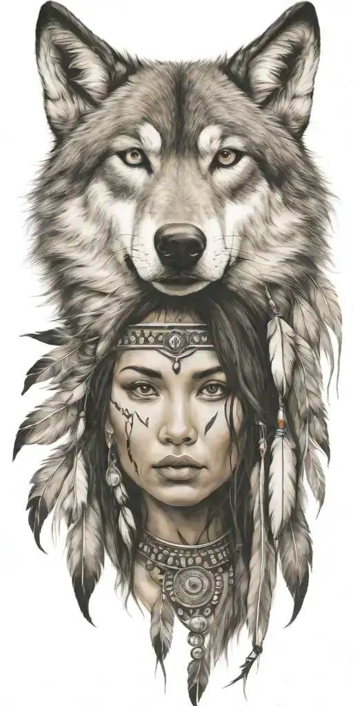 young adorable native american woman wolf tattoo design idea