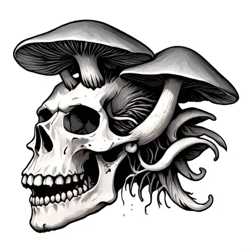 mushrooms growing out of a demon skull faceing forward  tattoo design idea