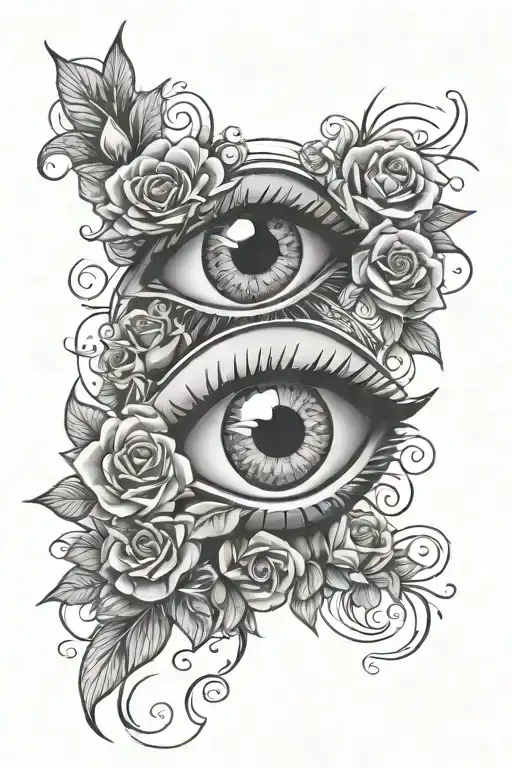 Eye, roses, roulette wheel intertwined tattoo design idea