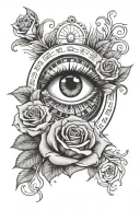 Eye, roses, roulette wheel intertwined tattoo design idea