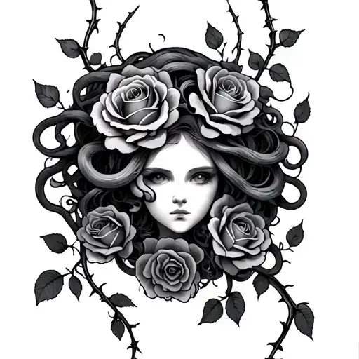 medusa with blank eyes, Roses, Vines with thorns wrapping tattoo design idea