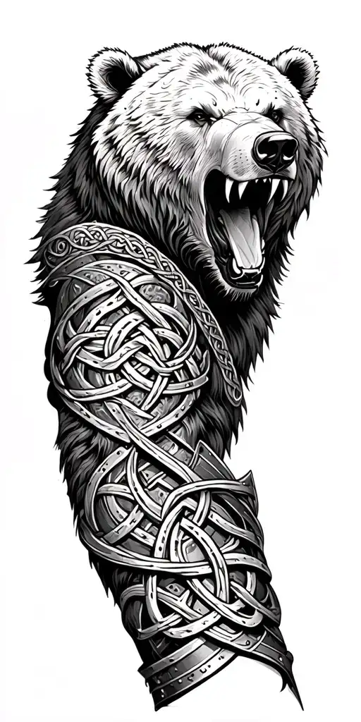 armor arm sleeve with celtic knots and roaring bear head tattoo design idea