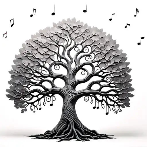 A sculpture of a tree of life made out of clay, with musical notes intertwining with the branches tattoo design idea