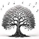 A sculpture of a tree of life made out of clay, with musical notes intertwining with the branches tattoo design idea