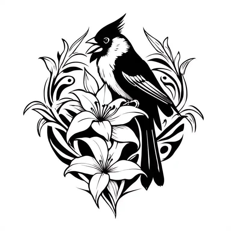 cardinal bird with madonna lily tattoo design idea